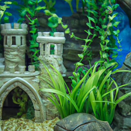 The castle decoration and plant life create a unique and visually appealing theme for this aquarium.