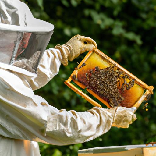 The beekeeper checks for signs of a healthy hive