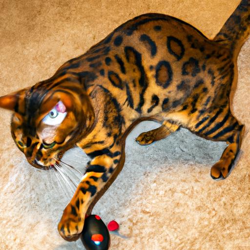 The playful Bengal cat showcases its athleticism and high energy levels as it pounces on its toy mouse.