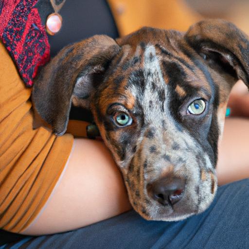 This adorable Catahoula mix puppy loves to snuggle with its owner.