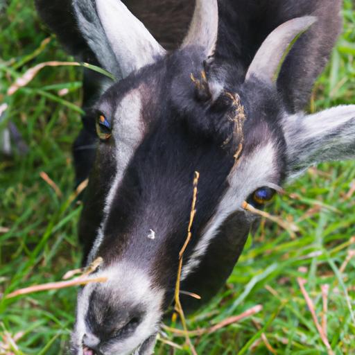 A curious goat grazing on a patch of grass.