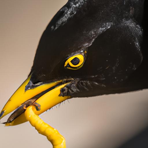 The black bird's sharp beak is perfect for catching and eating insects and small prey