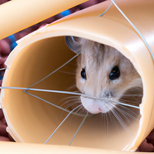 This curious gerbil loves exploring its plastic pipe tunnel system.
