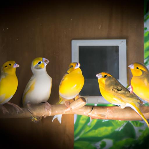 A happy flock of canaries singing in harmony
