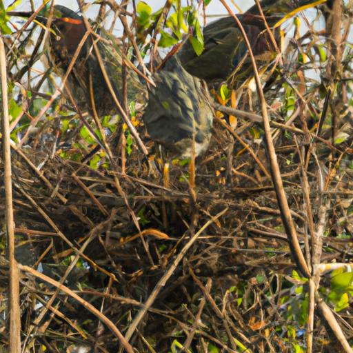 A cluster of green herons busily tend to their nests in a thorny tangle of vines.