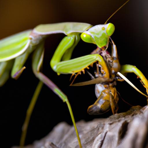 This praying mantis is a fierce predator, using its sharp claws to hold its prey while it devours it.