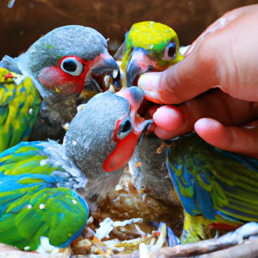 Newly hatched baby parrots being cared for by a breeder.