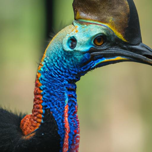 The cassowary bird's head and neck features a bright blue and red coloration