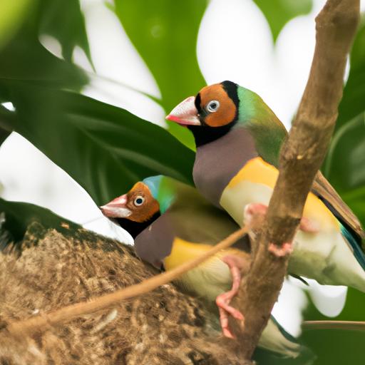 These Gouldian finches work together to build a cozy nest for their upcoming chicks.