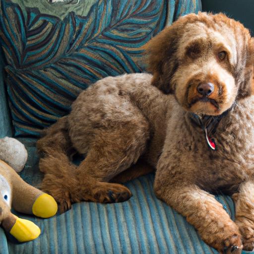 After a long day of play, this Labradoodle enjoys a relaxing nap on the couch