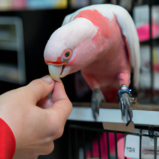Feeding time for a beautiful Galah bird in a pet store.
