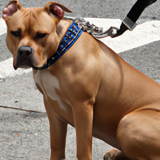 A well-behaved pitbull walking obediently on a leash