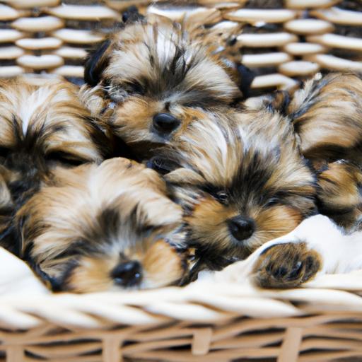 These Shorkie puppies look so peaceful as they take a nap in their cozy basket.