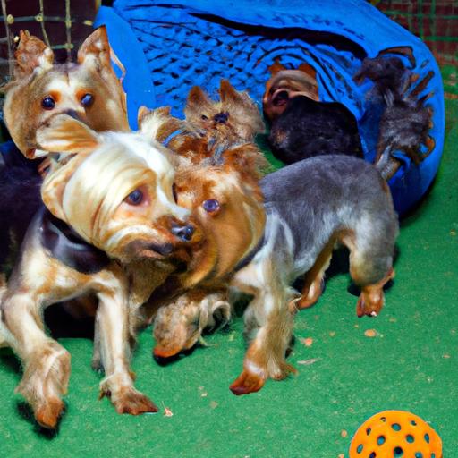 Yorkshire Terriers enjoy socializing with each other in the rescue center.