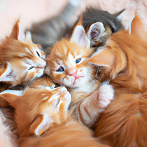 Adorable litter of orange Maine Coon kittens playing and cuddling
