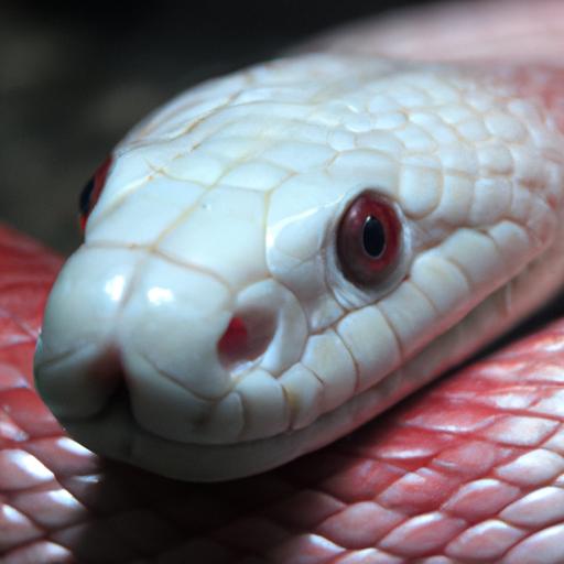 The unique appearance of an albino snake with its pale skin and striking red eyes.