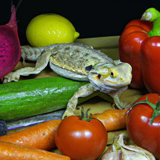 Fresh vegetables and live insects, essential for a bearded dragon's diet