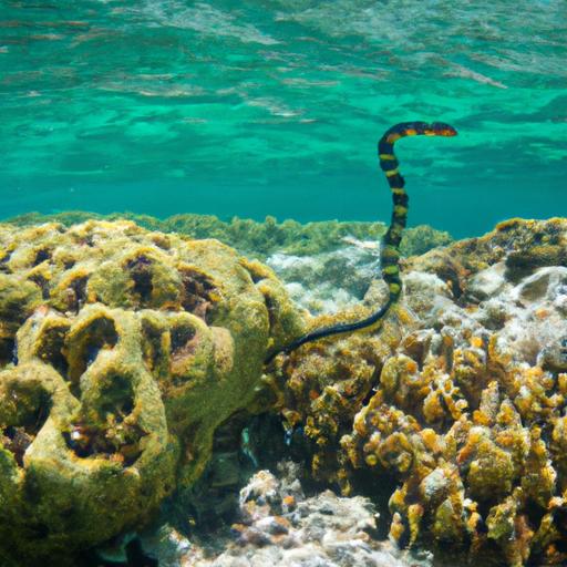 Belcher's Sea Snake in its natural habitat amidst vibrant coral reefs and crystal-clear waters.