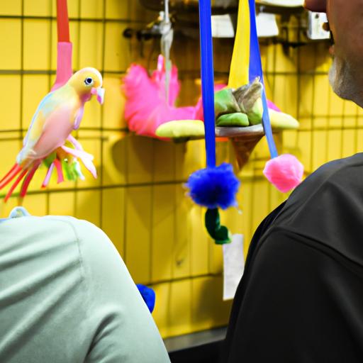A knowledgeable bird store employee helping a customer select the ideal toy for their feathered friend.