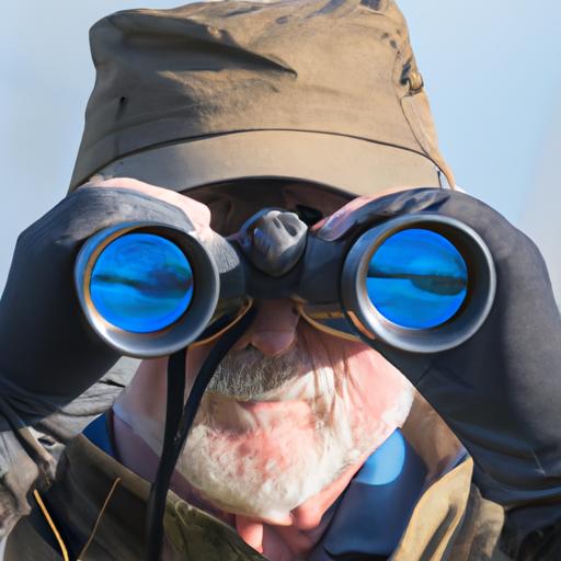 A birdwatcher observing a bird through binoculars