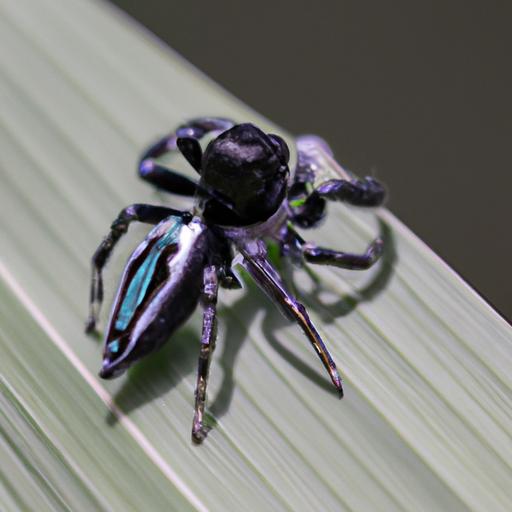 Intricate patterns and iridescent markings adorn the body of a black jumping spider.