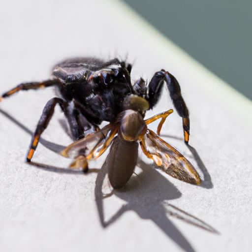 Black jumping spider demonstrating its natural pest control abilities by capturing a mosquito.