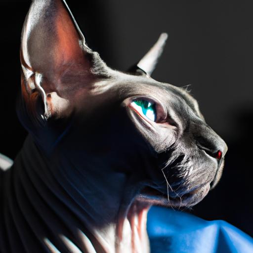 Blue sphynx cat with mesmerizing blue coat and captivating eyes.