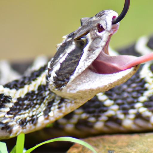 A bushmaster snake striking with its venomous fangs exposed.