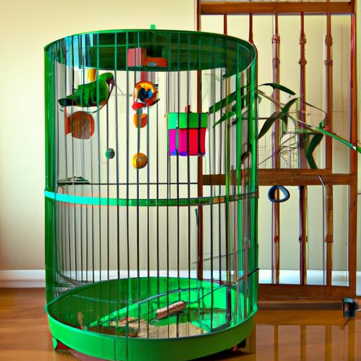 A well-equipped cage offering a cozy haven for rainbow parrots to play and rest.