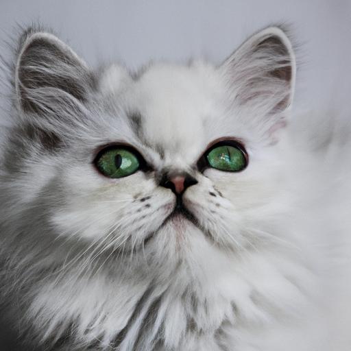 Chinchilla Persian Kitten with stunning silver and white fur and captivating emerald eyes.
