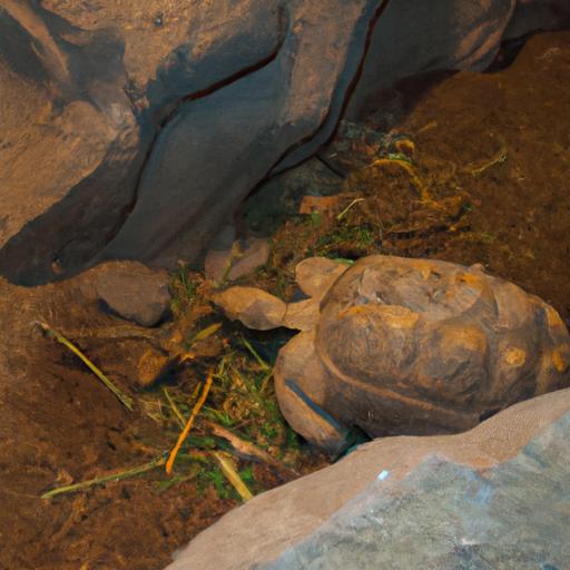 Comfortable habitat for a golden Greek tortoise: A well-maintained enclosure with hiding spots, rocks, and branches.