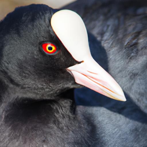A coot displaying its distinct black plumage, white bill, and vibrant red eyes.