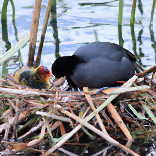 Coot parents attentively caring for their adorable black chicks in a secure floating nest.
