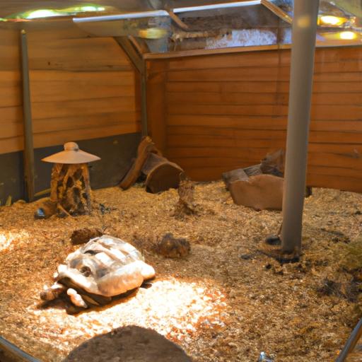 A spacious desert tortoise enclosure, complete with a variety of plants, suitable temperature, and adequate lighting for optimal tortoise care.