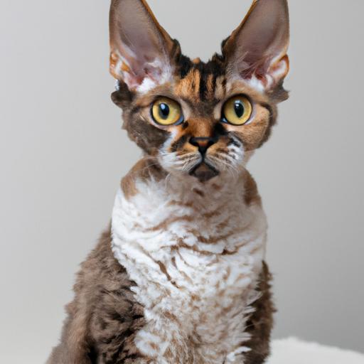 Devon Rex cat with its distinctive curly coat and expressive large ears.