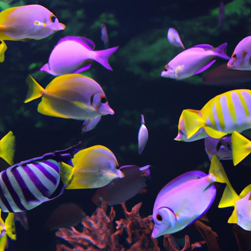 Diverse species of purple saltwater fish peacefully coexisting in an aquarium.