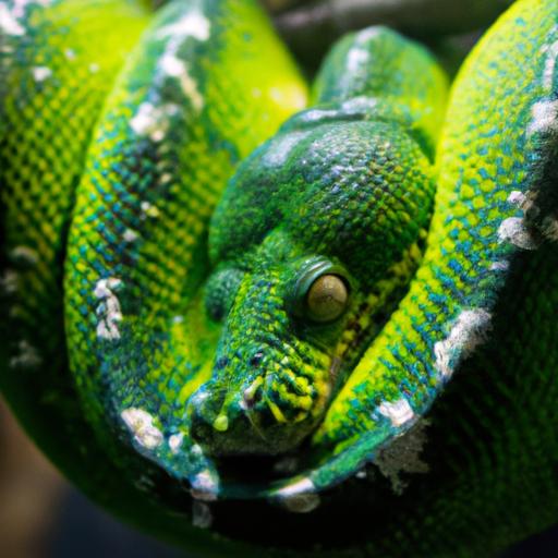 Emerald tree boa displaying its vibrant green scales and unique white markings.