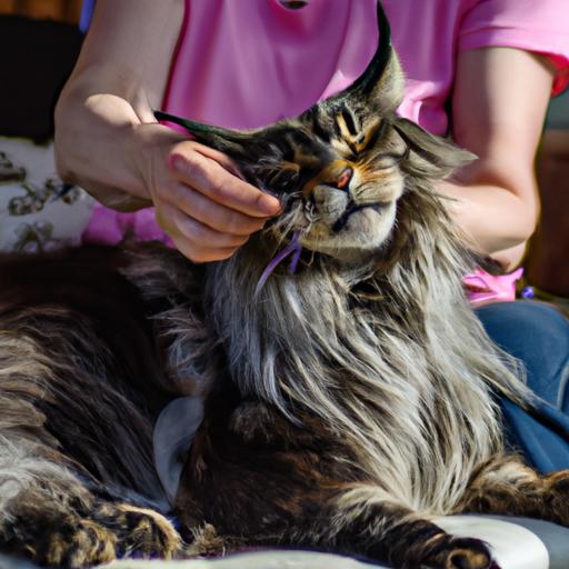 A giant Maine Coon cat enjoying a grooming session, showcasing its beautiful long fur.