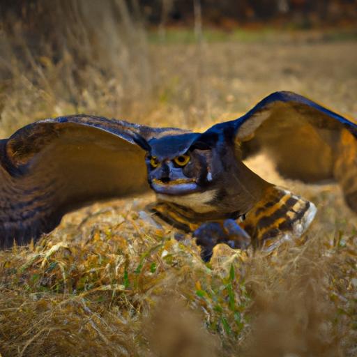 The great horned owl showcasing its hunting prowess as it grips its prey with its powerful talons.