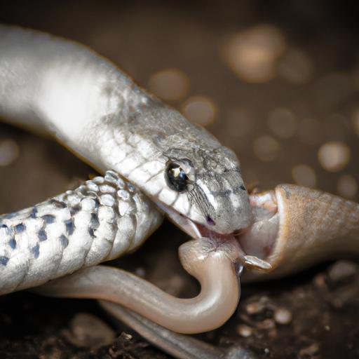 A grey snake devouring its captured prey after a successful hunt.