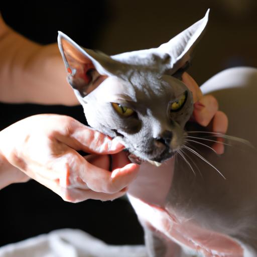 Taking care of a grey sphynx cat's grooming needs to keep their skin healthy.