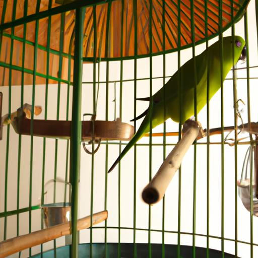 Spacious and well-furnished bird cage for a green conure