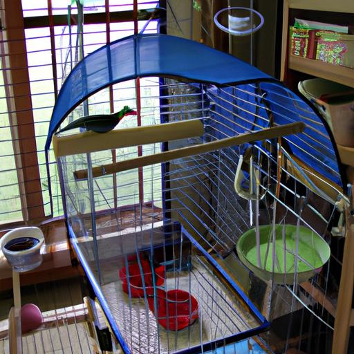 Create the perfect living space for your Indian Ringneck Parrot with a spacious birdcage filled with toys and perches.