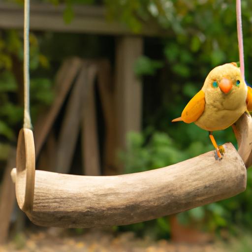 Joyful bird on a homemade swing toy