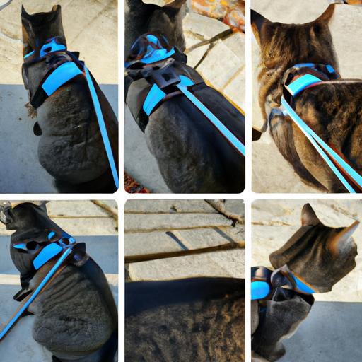 A visual guide demonstrating the process of training a cat to walk on a leash.