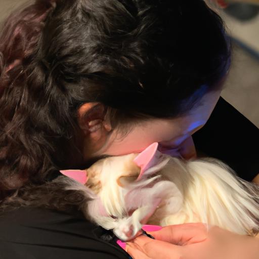 Person cuddling with a munchkin cat, representing the loving bond between cats and owners.