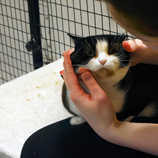 Person interacting with a munchkin cat at a local shelter, showcasing the bond between humans and feline companions.