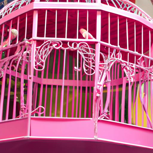 Vibrant pink bird cage with intricate design and multiple perches