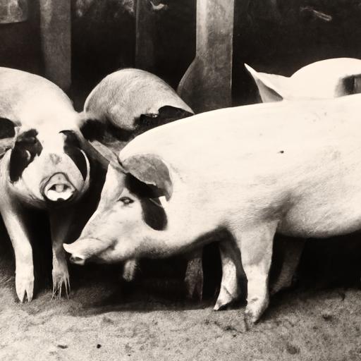 Vintage photo showcasing the crossbreeding process of Berkshire, Big China, and Hampshire pigs to develop the Poland China breed.