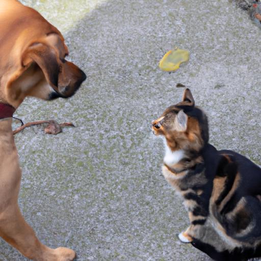 Curious puppy showing interest in a cat